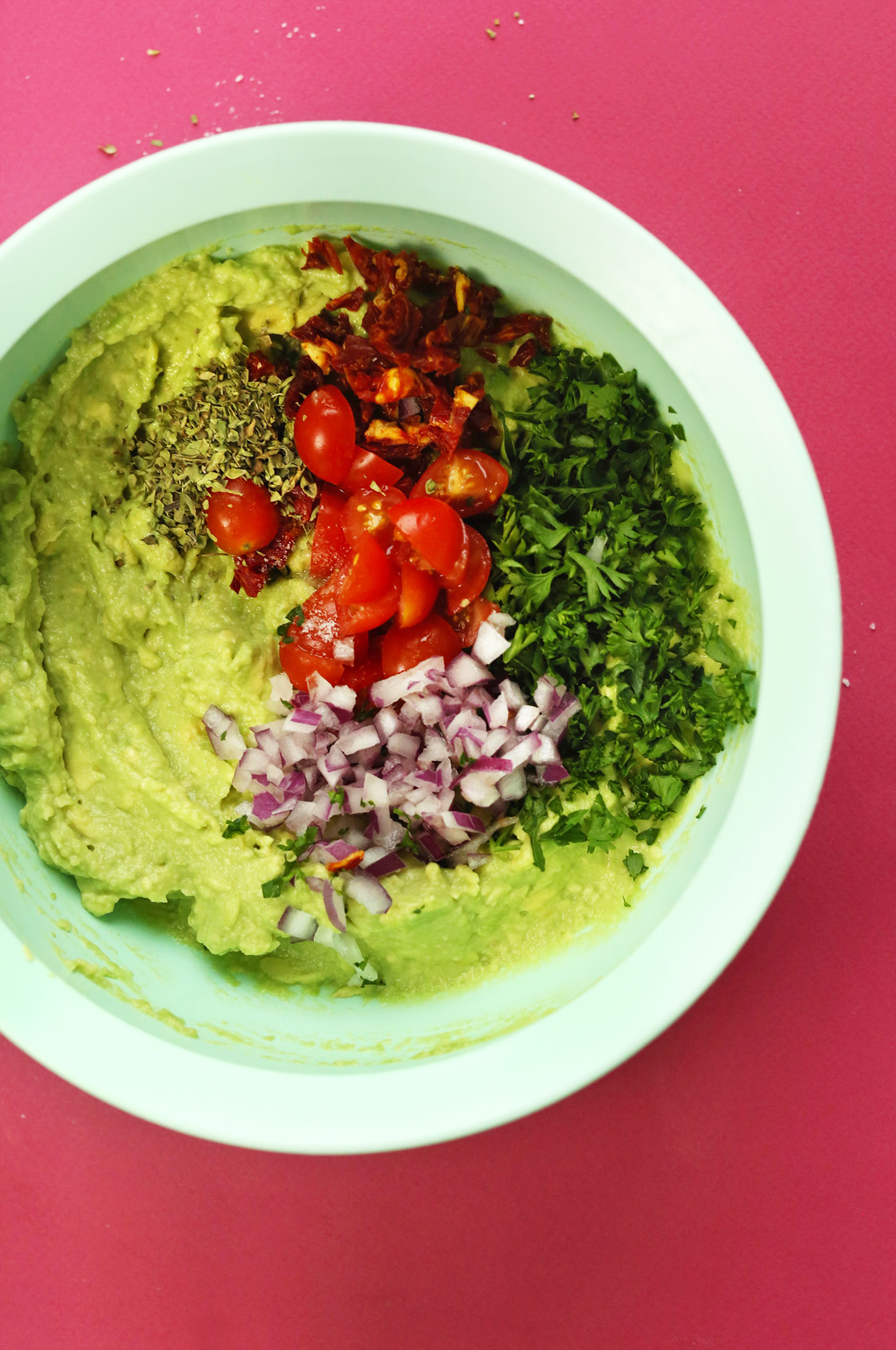 Big bowl of our healthy homemade Greek-Inspired Guacamole for a delicious vegan snack