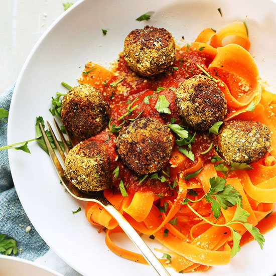 Big bowl of carrot ribbons with marinara and Easy Lentil Meatballs