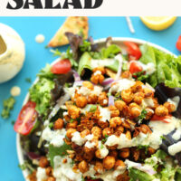 Overhead photo of our chickpea shawarma salad recipe with text above it saying vegan and gluten-free