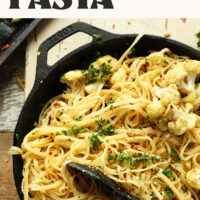 Cast iron skillet of our garlic chili pasta with roasted cauliflower