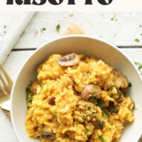 Bowl of vegan and gluten-free mushroom leek risotto