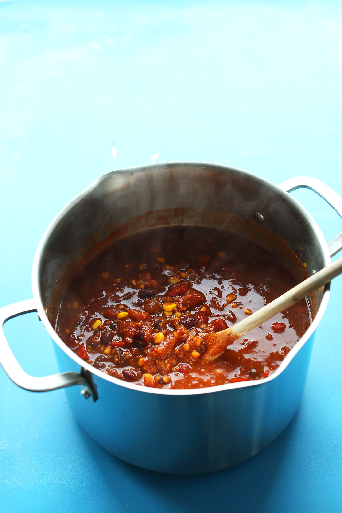 Big pot of our gluten-free vegan Lentil and Black Bean Chili recipe