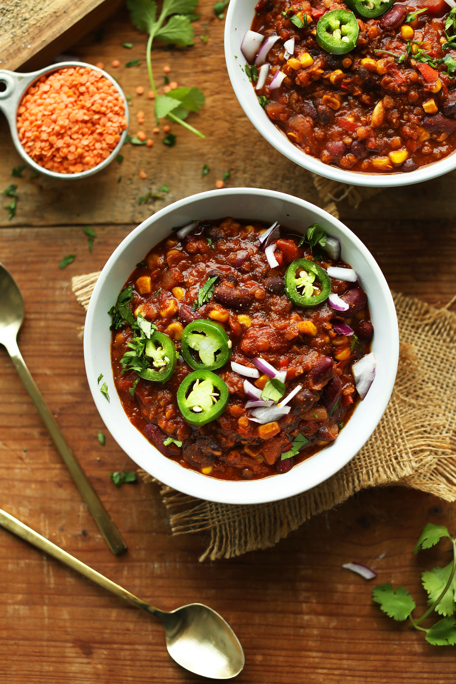 Bowls of our hearty protein-packed vegan Lentil and Black Bean Chili recipe