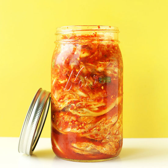 Quart jar filled with homemade Vegan Kimchi