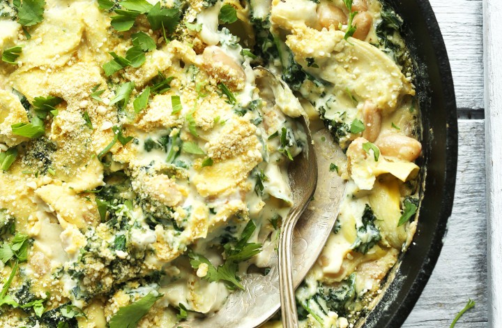 A pan of our White Bean & Kale Artichoke Dip that makes the perfect vegan appetizer
