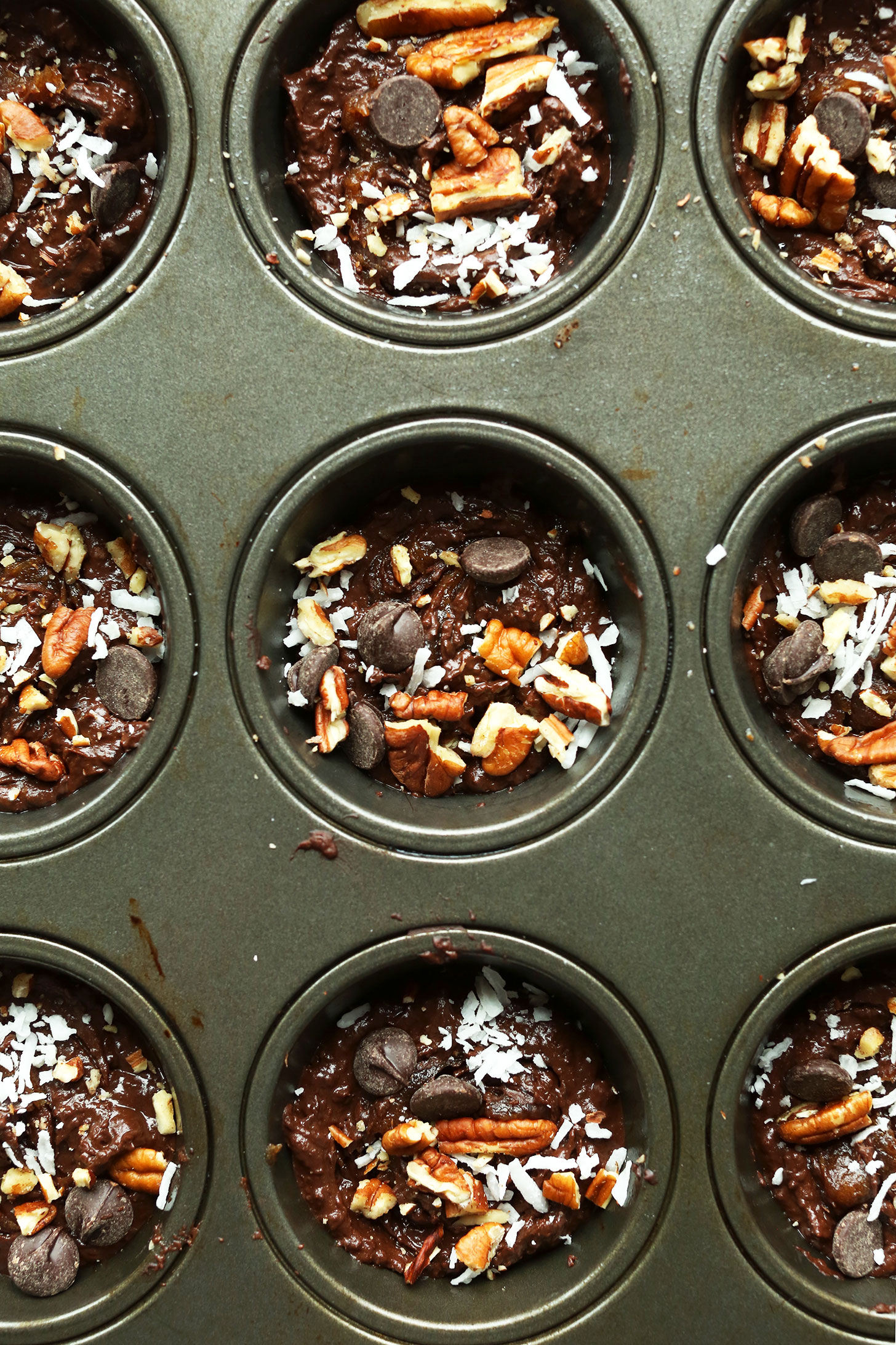 Muffin tin filled with naturally-sweetened gluten-free vegan Black Bean Brownies