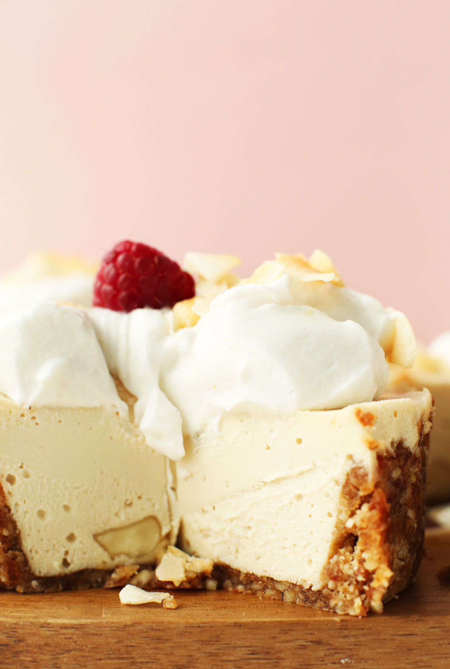 Close up shot of a gluten-free vegan Mini White Chocolate Cheesecake