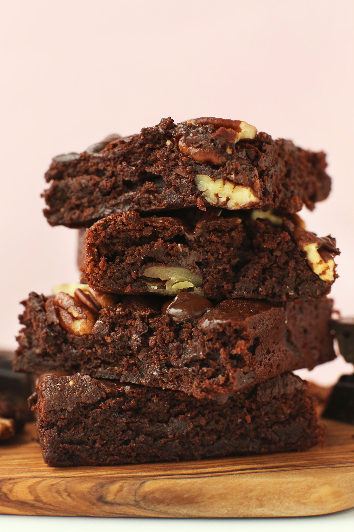 Stack of our delicious Vegan Gluten-Free Brownies with pecans and dark chocolate