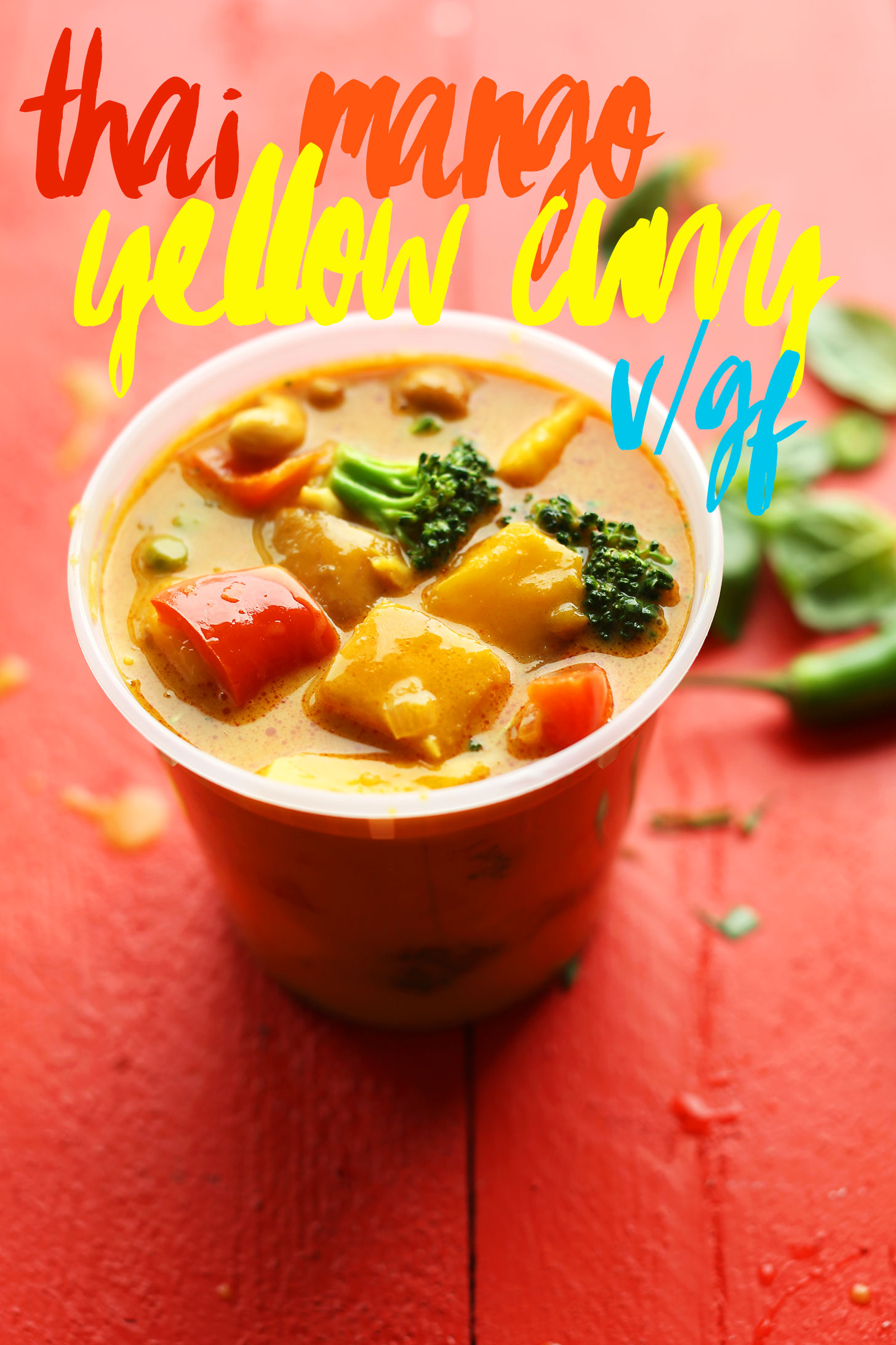 Close up shot of our Yellow Thai Mango Curry in a takeout container