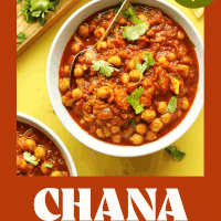 Bowl of our easy chana masala recipe topped with fresh cilantro