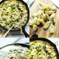 Photos of our Kale and White Bean Artichoke Dip in a cast iron pan and artichoke hearts on a cutting board