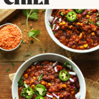 Bowls of our vegan and gluten-free 1 pot red lentil chili