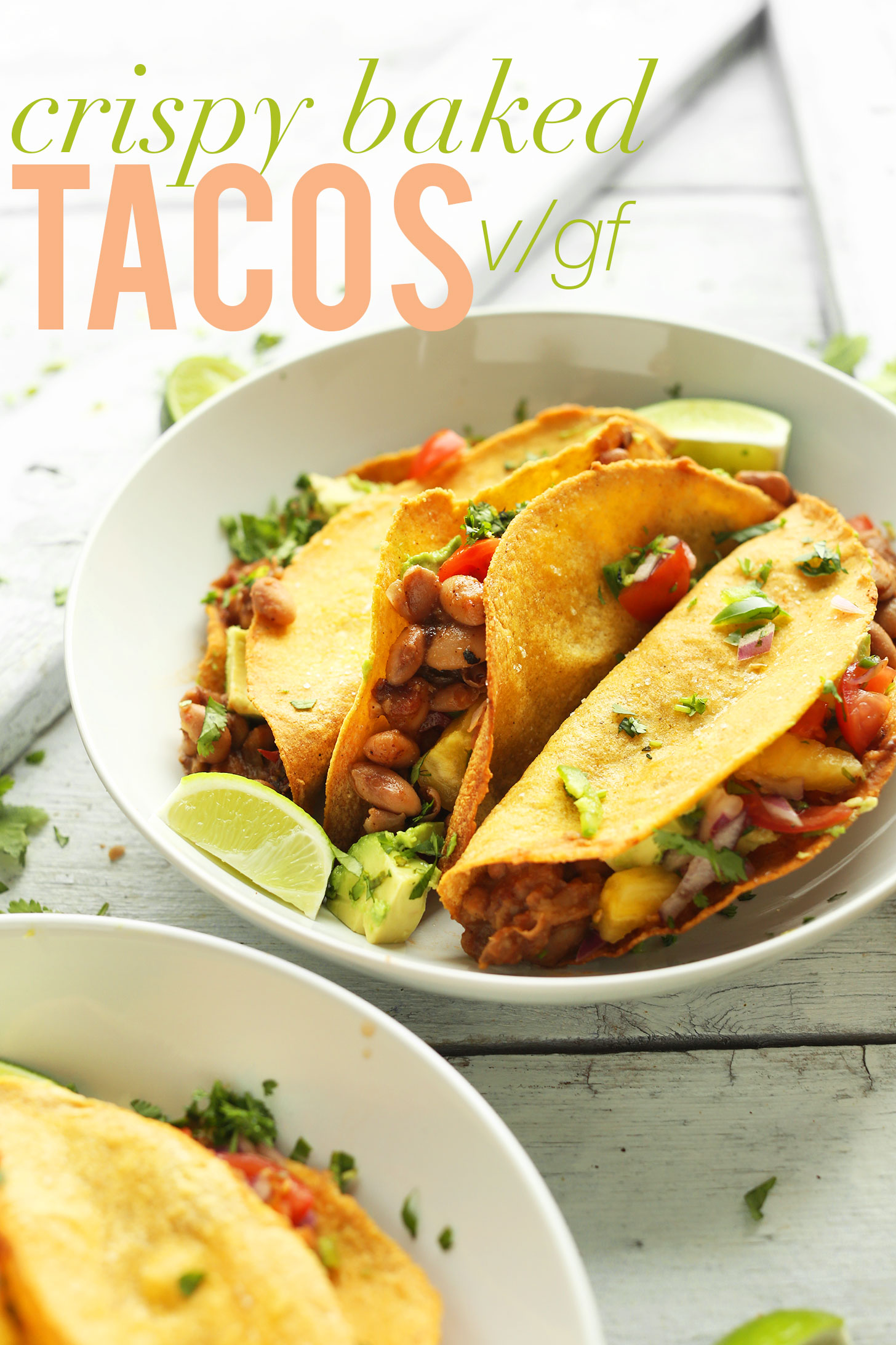 Bowls filled with our recipe for gluten-free vegan Baked Tacos with Pineapple Salsa