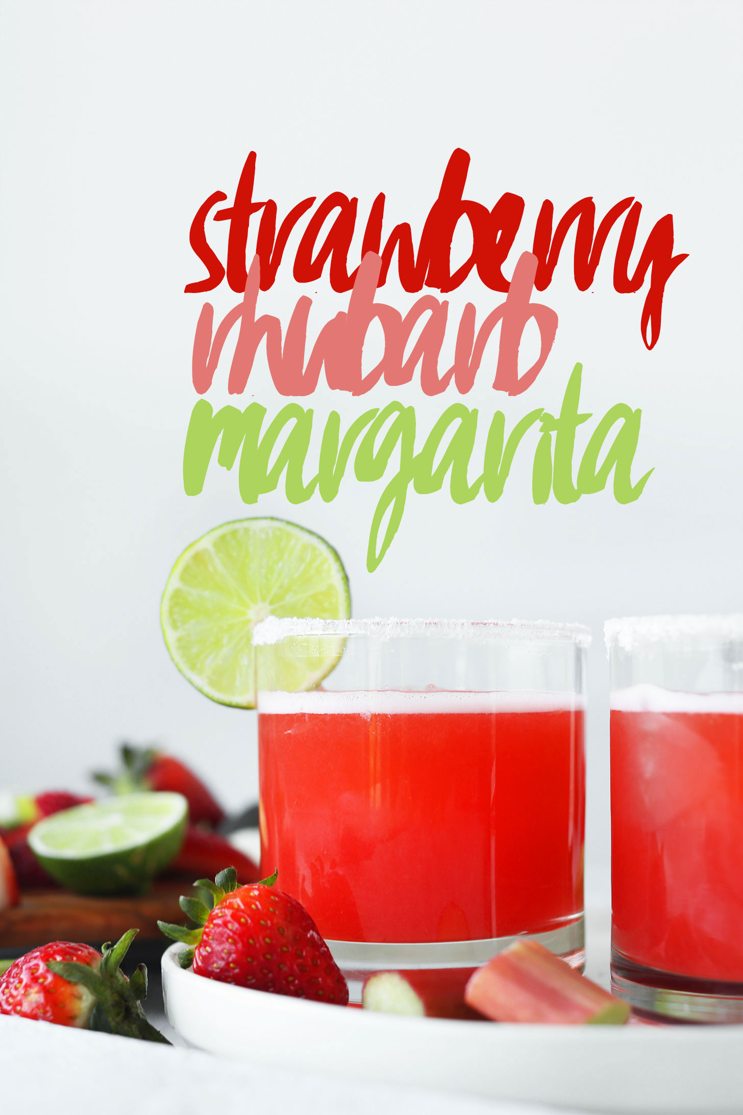 Glasses of our Strawberry Rhubarb Margarita recipe for a delicious spring adult beverage