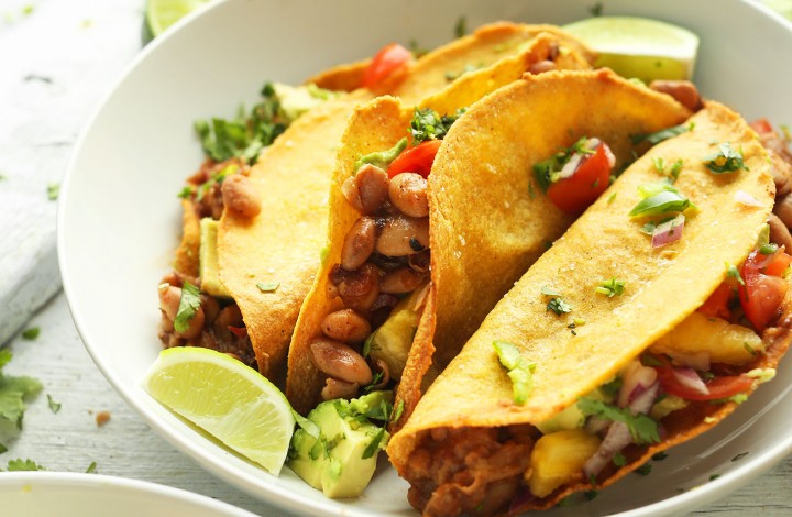Bowl of our Crispy Baked Tacos with Pineapple Salsa for a delicious plant-based meal