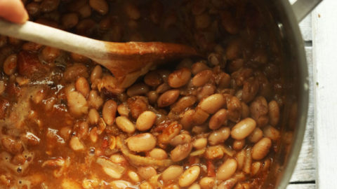 Making a pot of our vegan Mexican Pinto Beans recipe