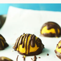 Vegan dark chocolate golden milk macaroons with text above it saying ready in 25 minutes