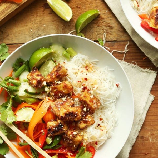 Vegan gluten-free Thai Noodle Bowls with Crispy Almond Butter Tofu