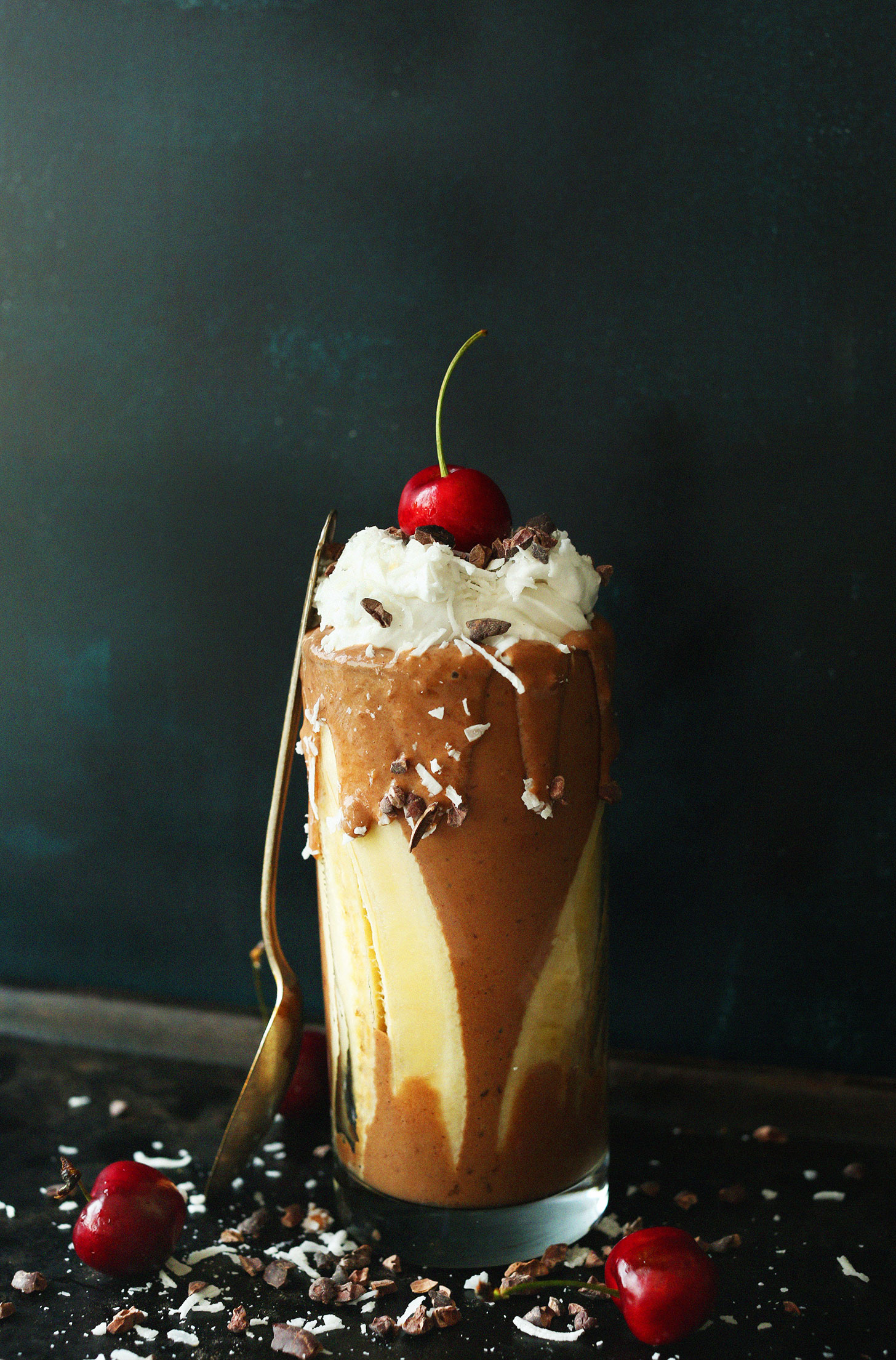 Large glass of our Banana Split Smoothie for a delicious vegan treat