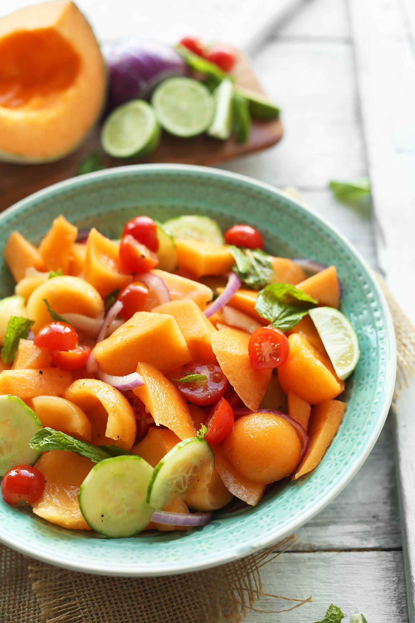 Bowl of our delicious fresh Summer Tomato Cucumber Cantaloupe Salad