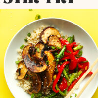 Bowl of portobello mushroom stir-fry with text above it reading ready in 30 minutes