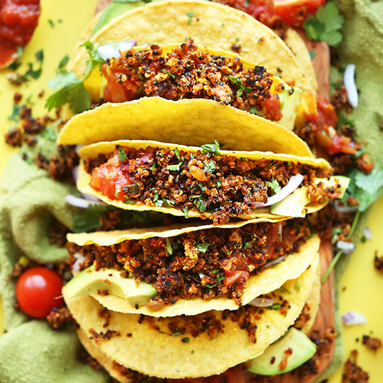 Hard shell corn tortillas filled with Quinoa Taco Meat