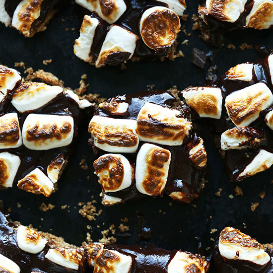 Vegan Smores Bars with oven roasted marshmallows on top