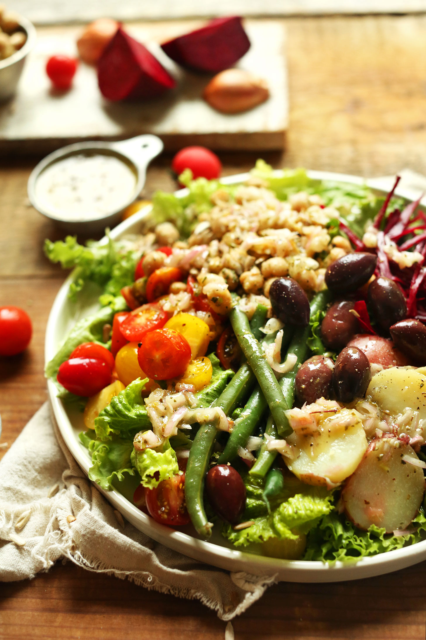 Close up shot showing the healthy vegetables on our gluten-free Vegan Nicoise Salad