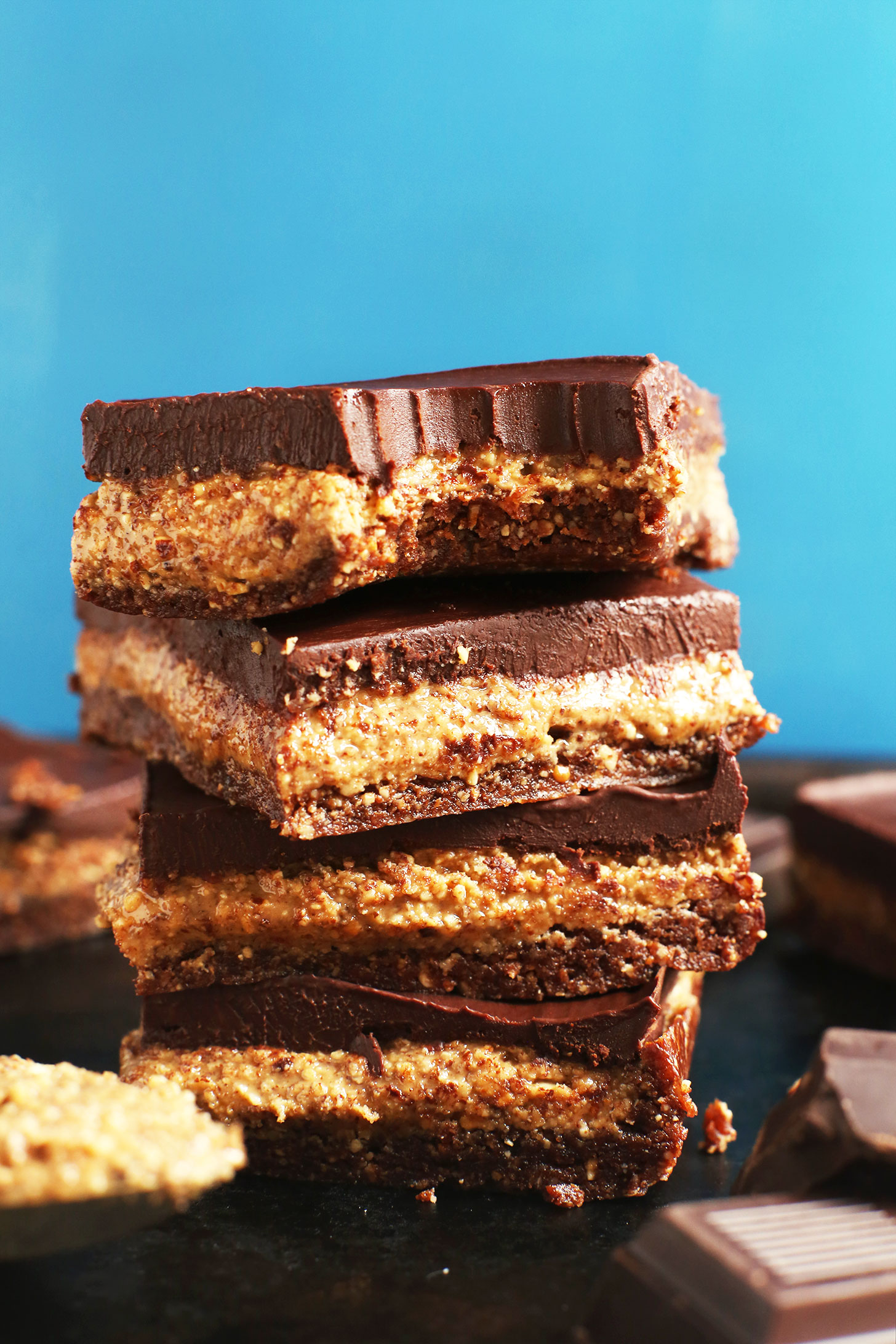 Stack of our gluten-free vegan Almond Butter Cup Bars recipe