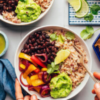 Close up photo of a cauliflower rice burrito bowl