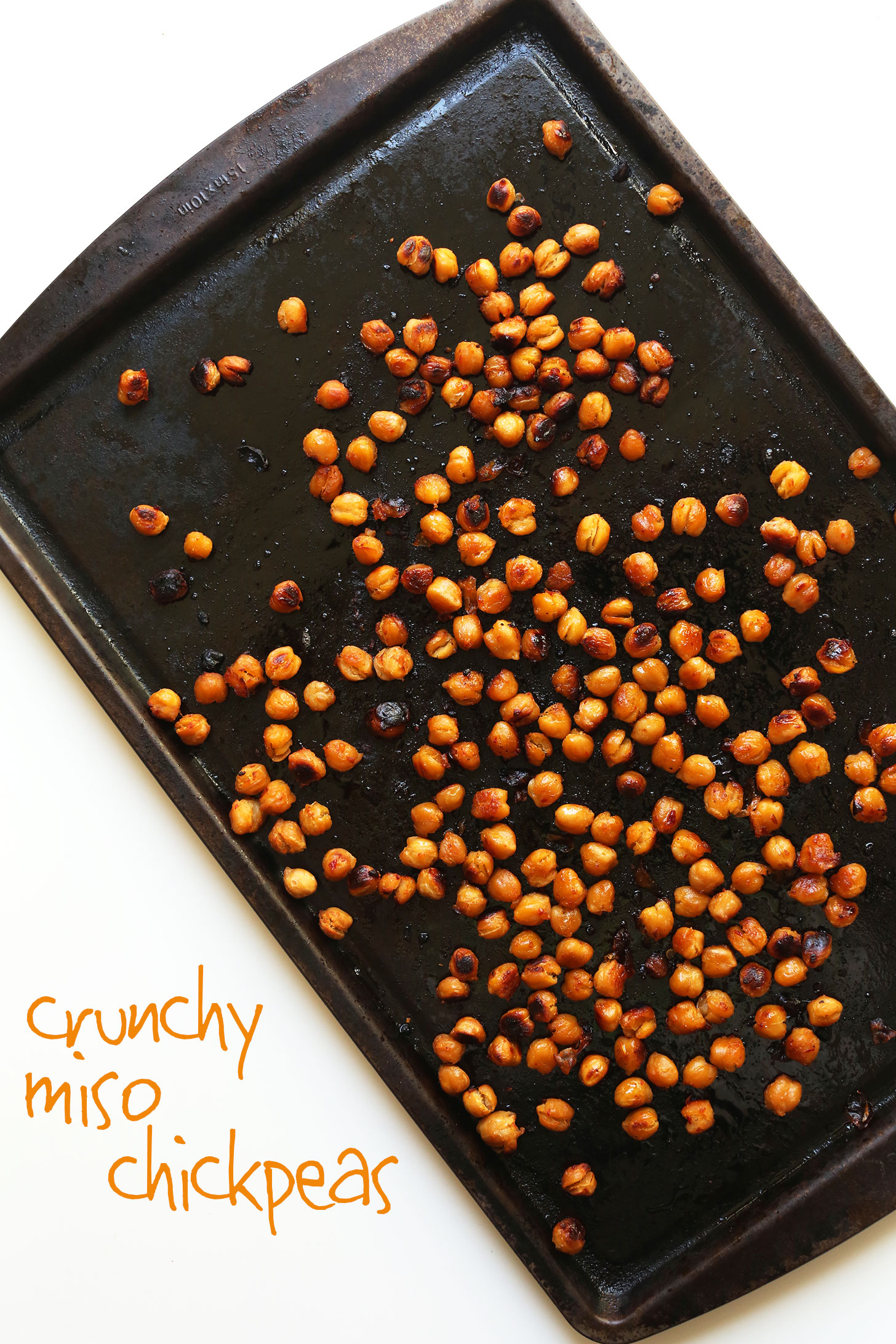Baking sheet with Crispy Miso Chickpeas for our Crunchy Kale Salad