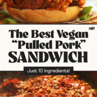 Photos of our lentil "pulled pork" filling and best vegan "pulled pork" sandwich with text in between saying just 10 ingredients