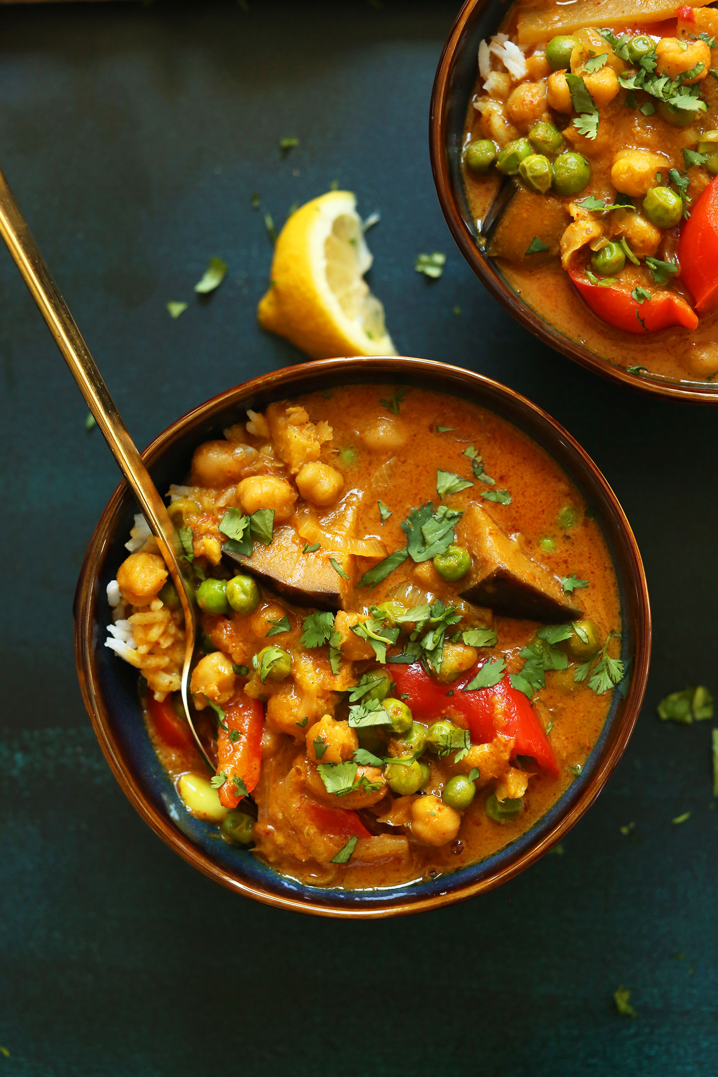 Bowl of our delicious gluten-free vegan Coconut Red Chickpea Curry