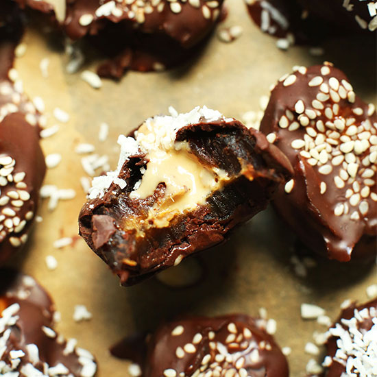 Tahini Stuffed Dates coated in dark chocolate