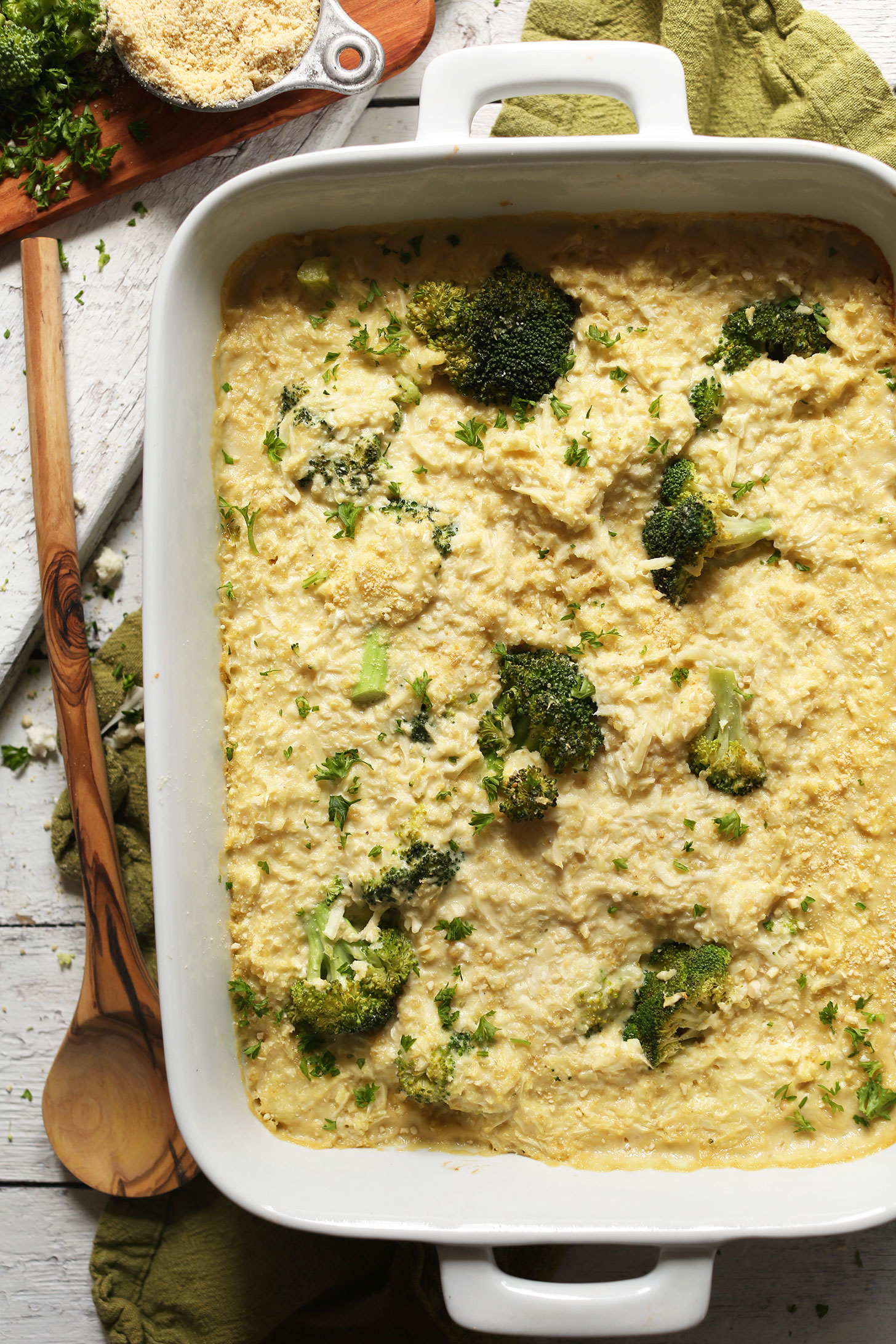 Ceramic baking dish with our gluten-free vegan Cheesy Cauliflower Rice Broccoli Bake recipe