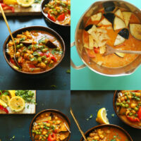 Photos of the process of making our vegan coconut red curry with chickpeas