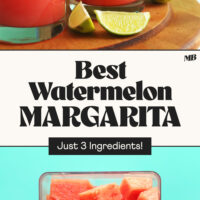 Photos of watermelon in a blender and two watermelon margaritas with text in the middle that says just 3 ingredients