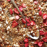 Tray of Strawberry Coconut Granola made with freeze-dried strawberries