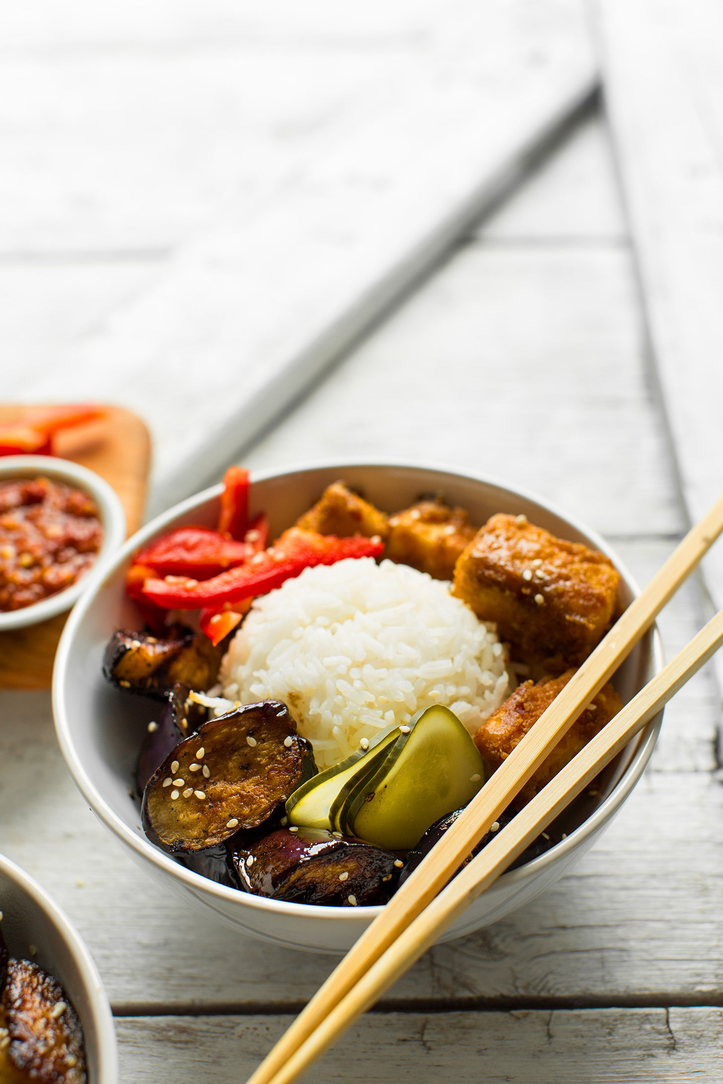 Bowl of 30-minute Sesame Eggplant & Almond Butter Tofu for an easy vegan meal
