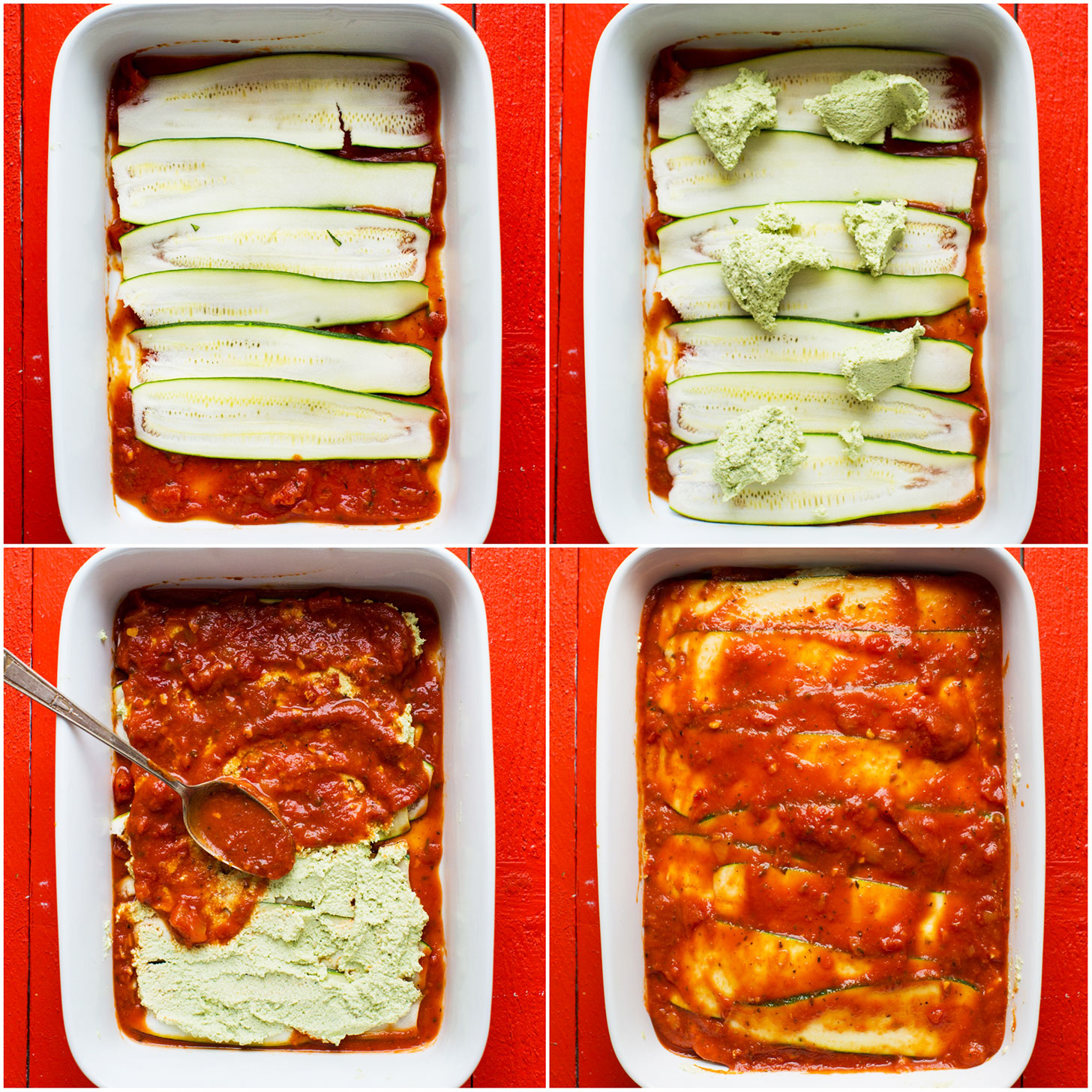 Photos showing the layers in our gluten-free vegan zucchini lasagna recipe