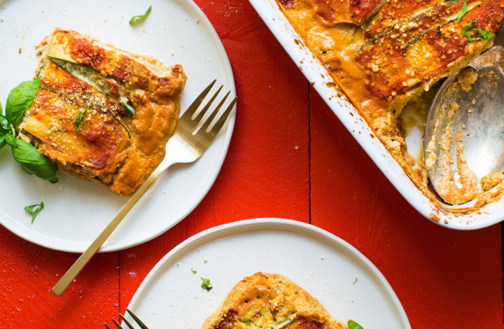 Servings of our zucchini lasagna for a comforting plant-based dinner