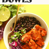 A smoky tempeh burrito bowl with text above it that says just 9 ingredients