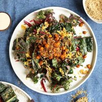 Big plate of Creamy Kale Salad made with Chickpeas & Shallots