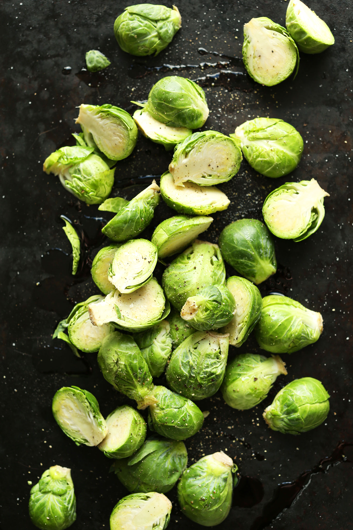 Baking sheet with Bruseels Sprouts ready to be roasted for a gluten-free plant-based meal