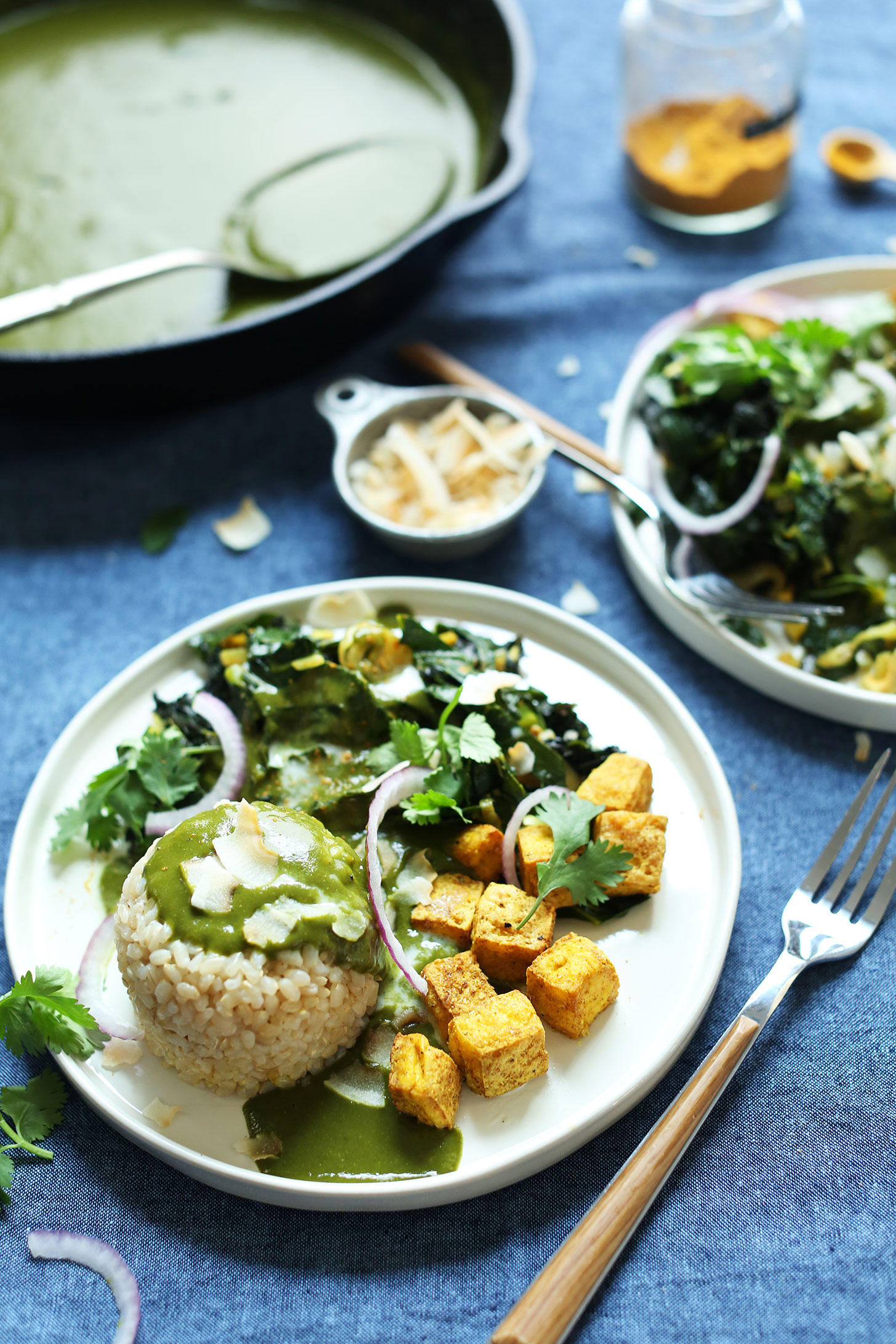 Hearty plant-based meal of rice, tofu, greens, and green curry on a plate