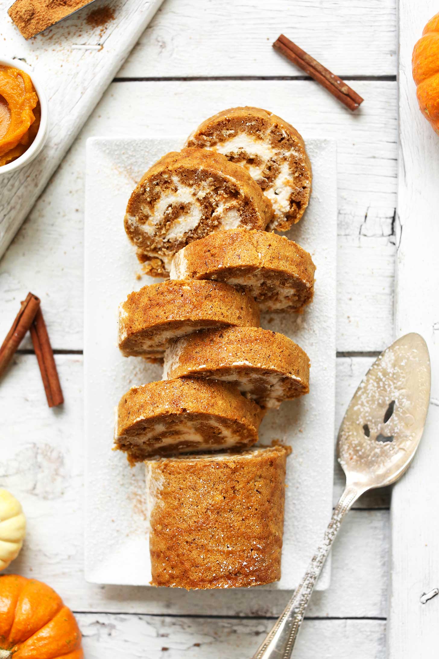 Slices of Vegan Gluten Free Pumpkin Roll on a plate for a delicious dessert recipe