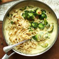 INCREDIBLE 30-minute White Wine + Garlic Pasta with Roasted Brussels Sprouts! Quickly becoming a fan favorite for good reason! #vegan #glutenfree #pasta #recipe #plantbased