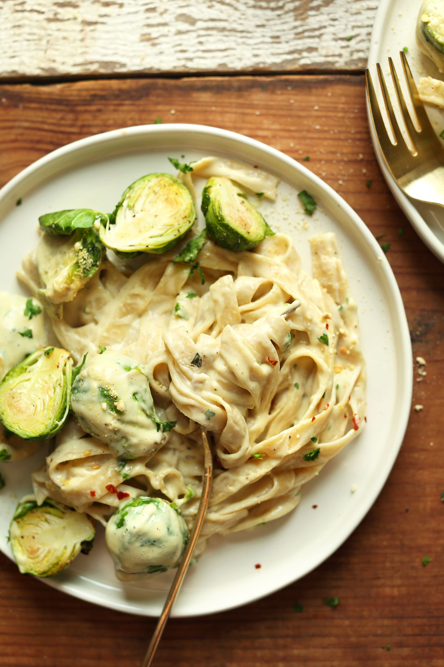 Big plate filled with Incredible White Wine & Garlic Alfredo Pasta with Roasted Brussels Sprouts