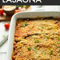 Baking pan of our lentil and eggplant lasagna recipe