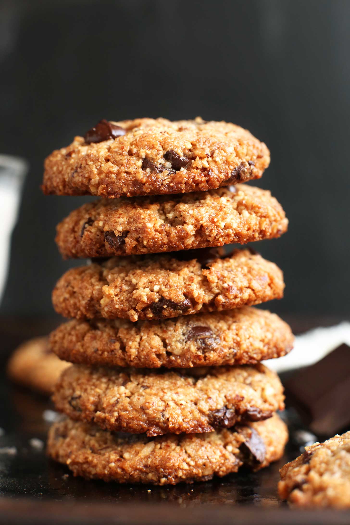Stacks of crunchy on the outside, chewy on the inside gluten-free vegan chocolate chip cookies